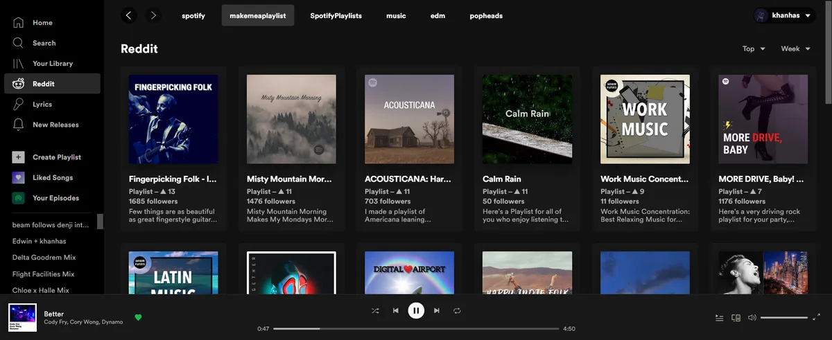 Official Spicetify Reddit custom app example in the Spotify sidebar