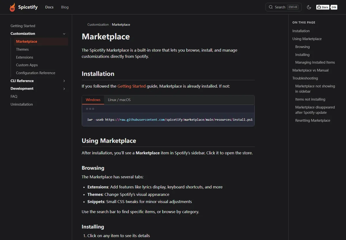 Official Spicetify Marketplace documentation and installation command