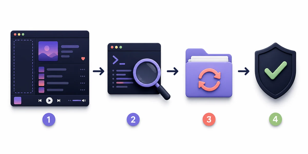 Illustrative four-step troubleshooting flow from a missing sidebar to diagnosis, resource restore, and a successful check