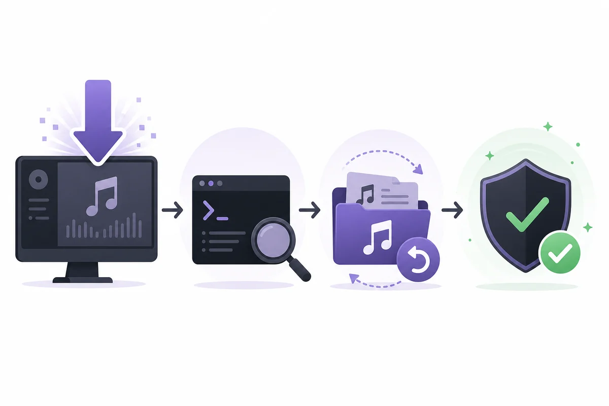 Editorial illustration of the Spicetify post-update recovery flow from update to compatibility check